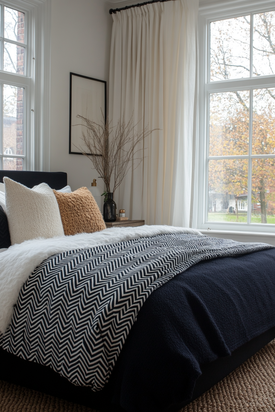 Layered bedding in a black and white bedroom