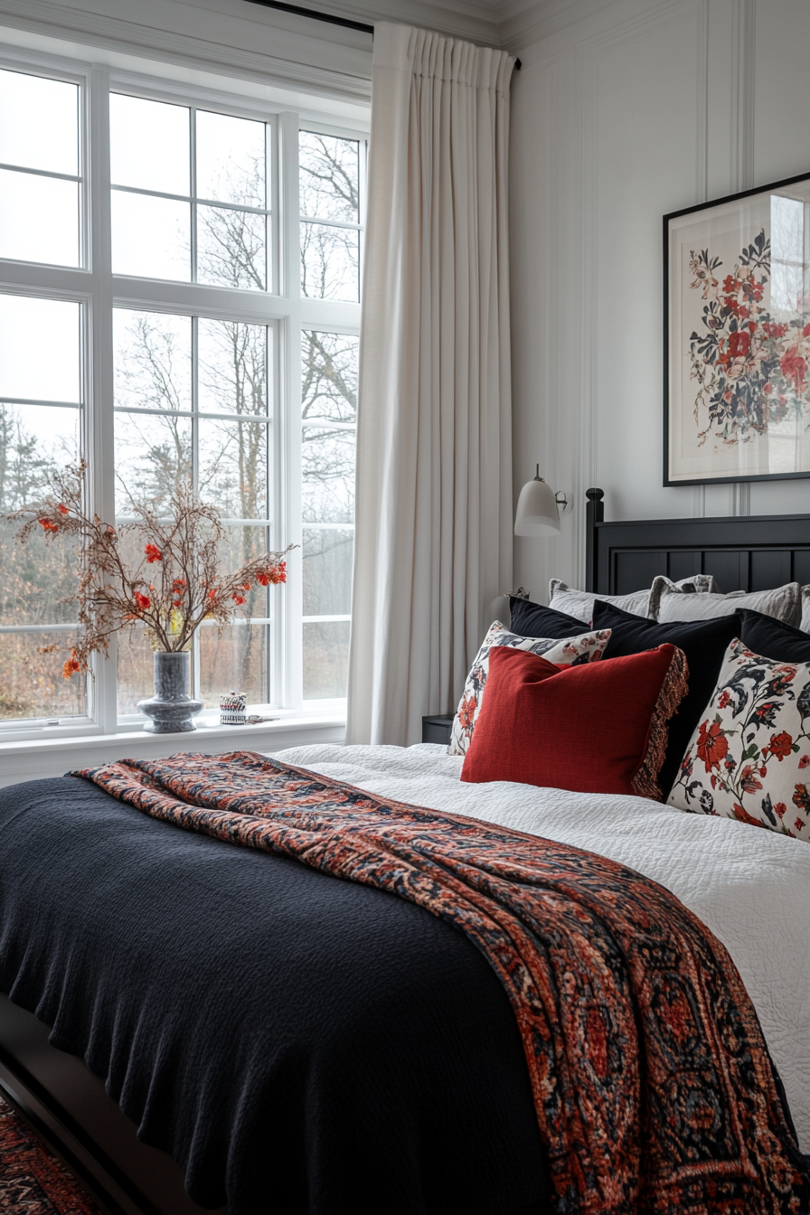 Red throw pillows and blanket in a black and white bedroom