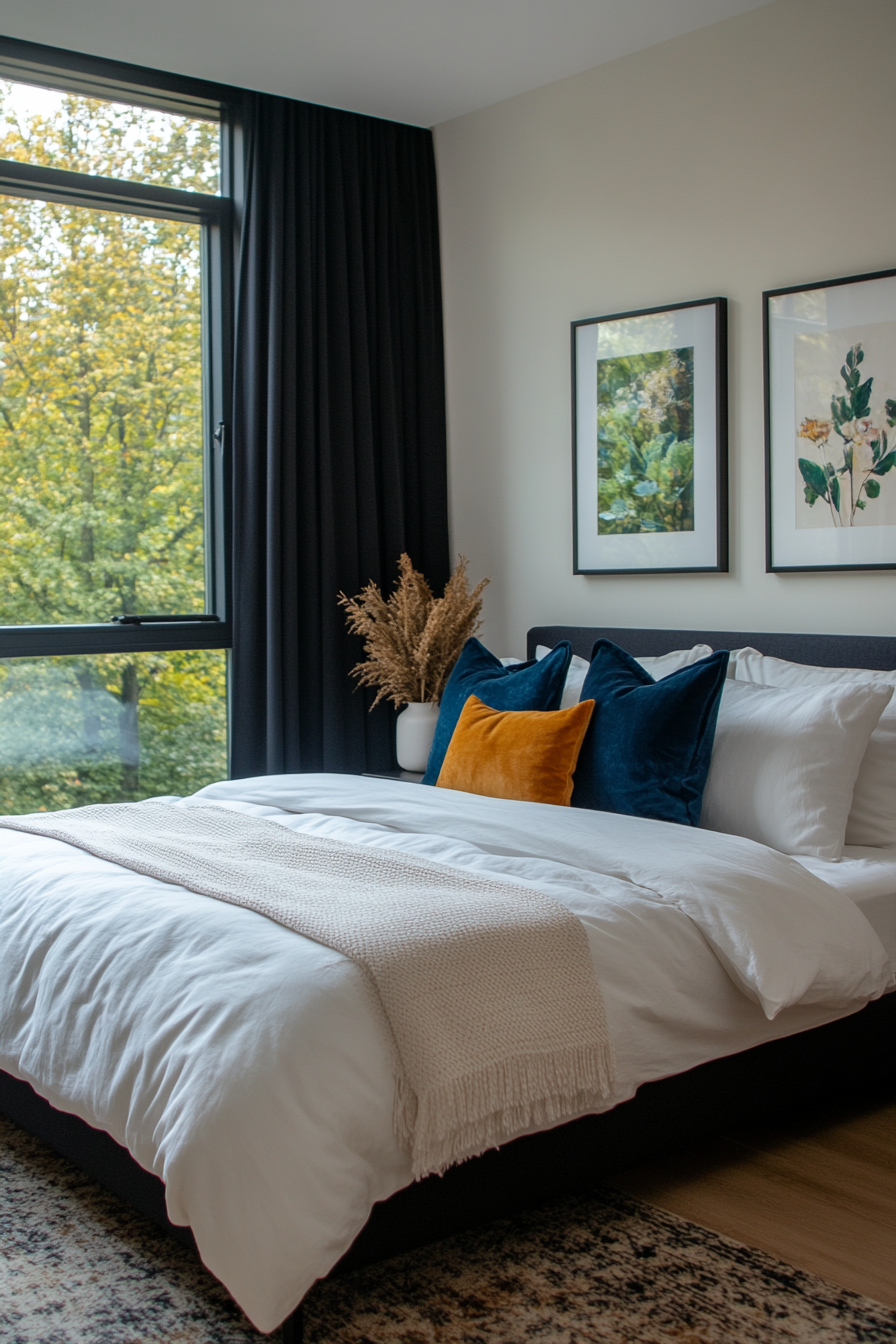 Teal throw pillows and artwork in a black and white bedroom