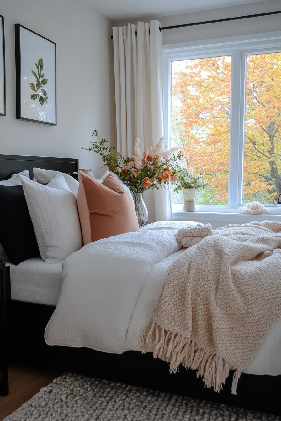 Blush pink throw pillows and blanket in a black and white bedroom