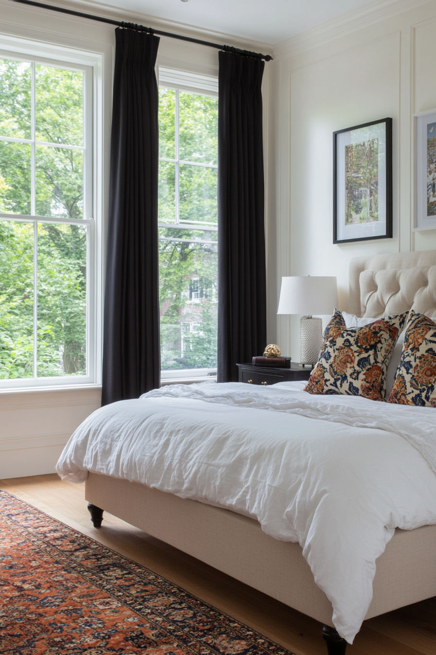 Black canopy bed in a black and white bedroom
