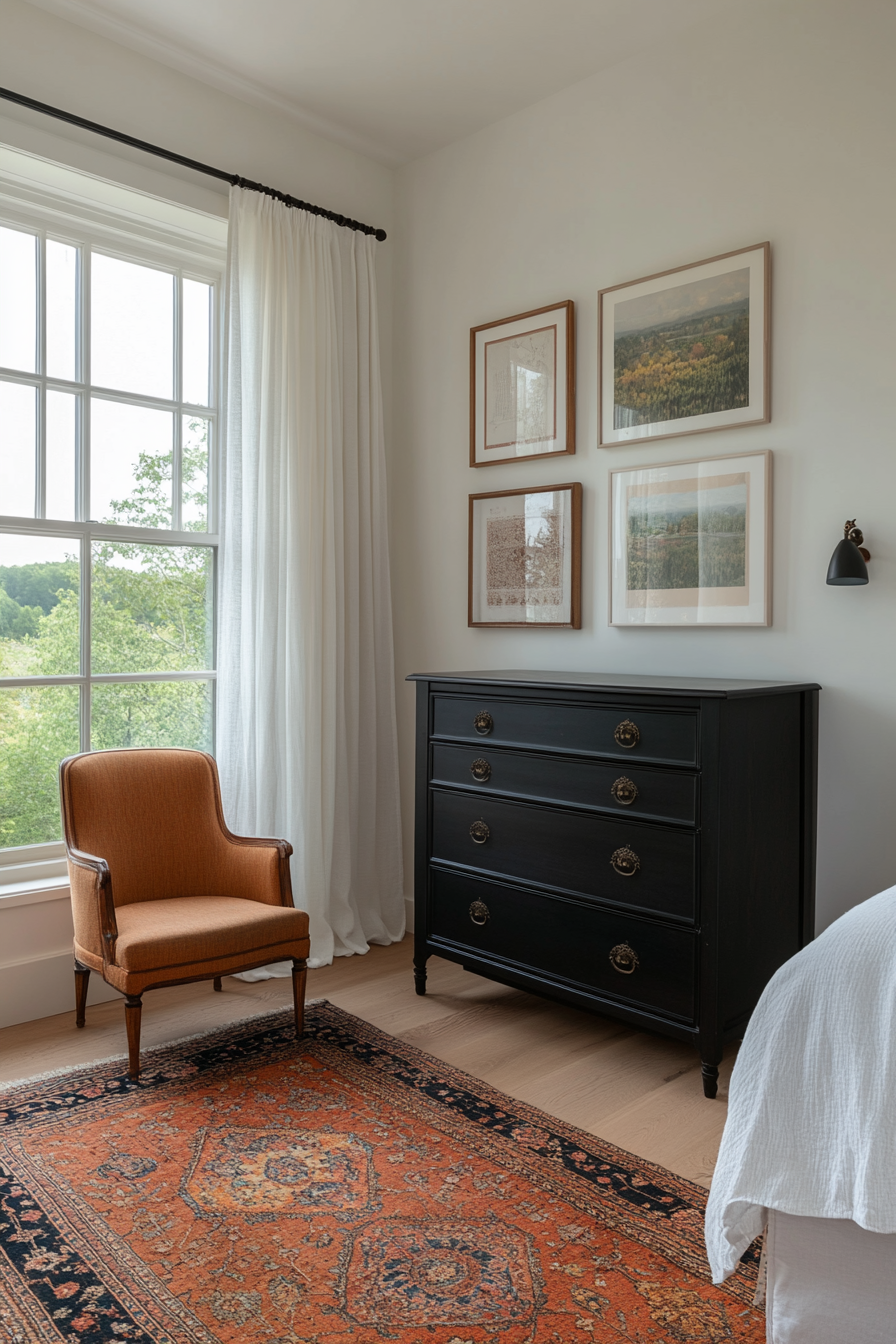 Tufted headboard in a black and white bedroom