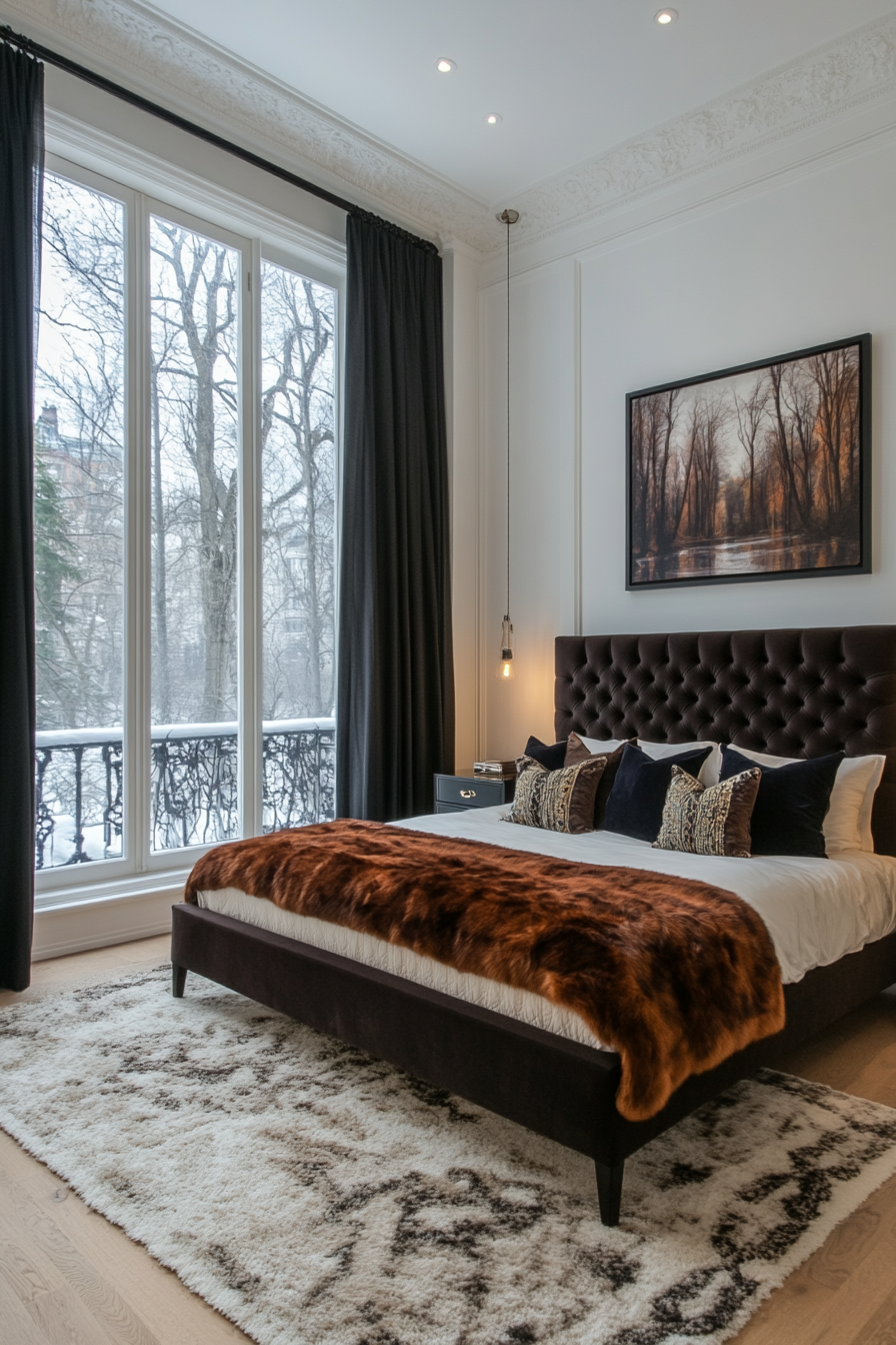 Unique chair and bold dresser in a black and white bedroom