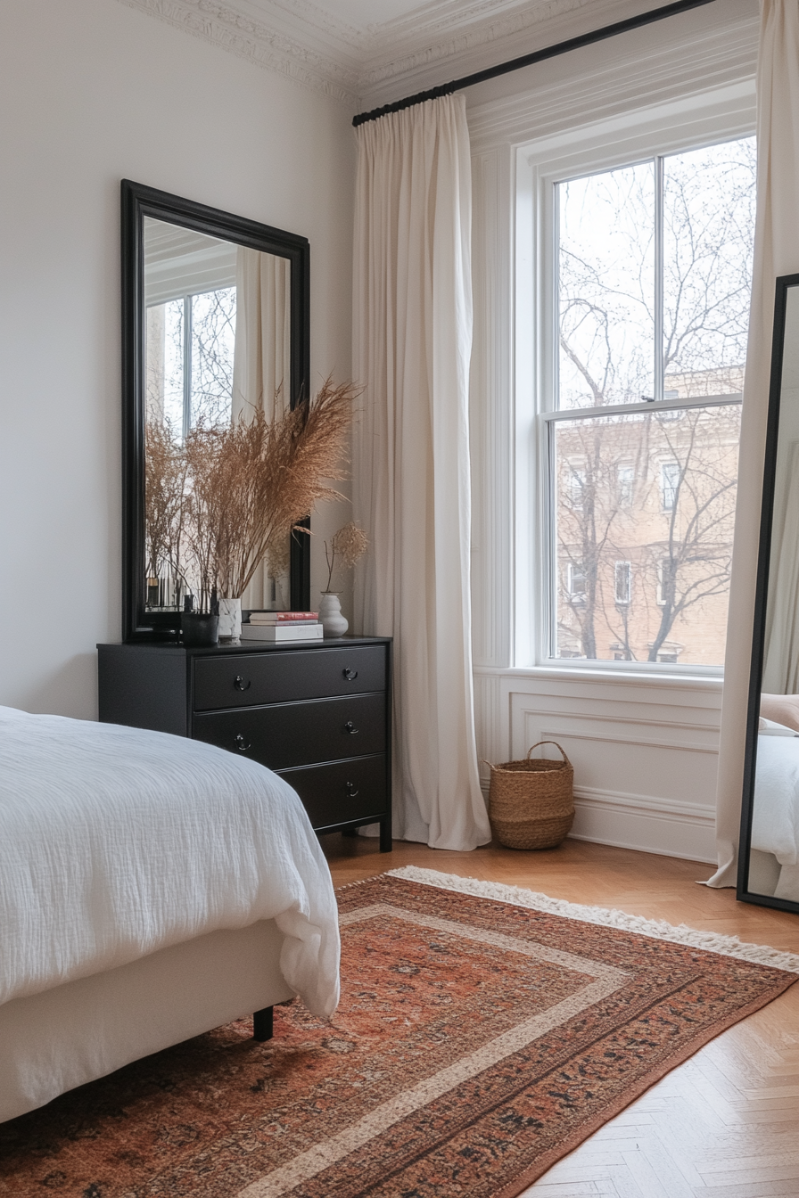 Large floor mirror with a black frame in a black and white bedroom