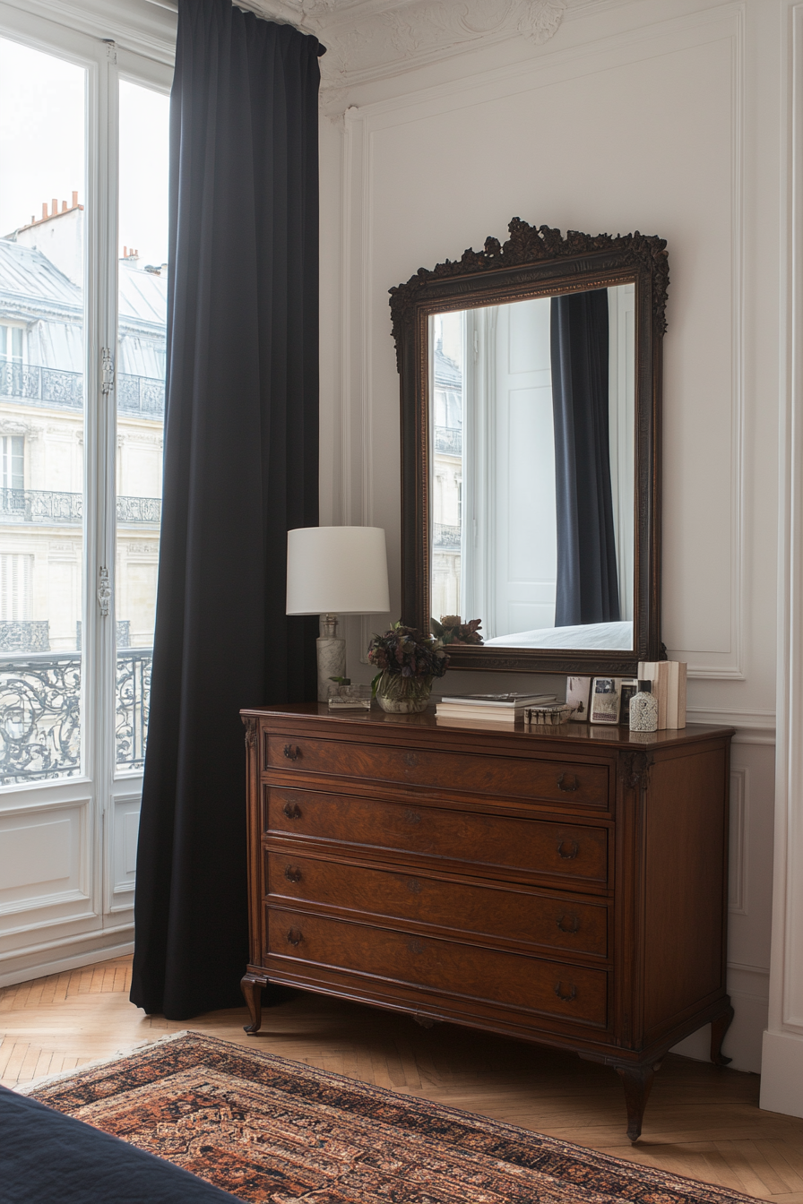 Ornately framed mirror above the dresser in a black and white bedroom