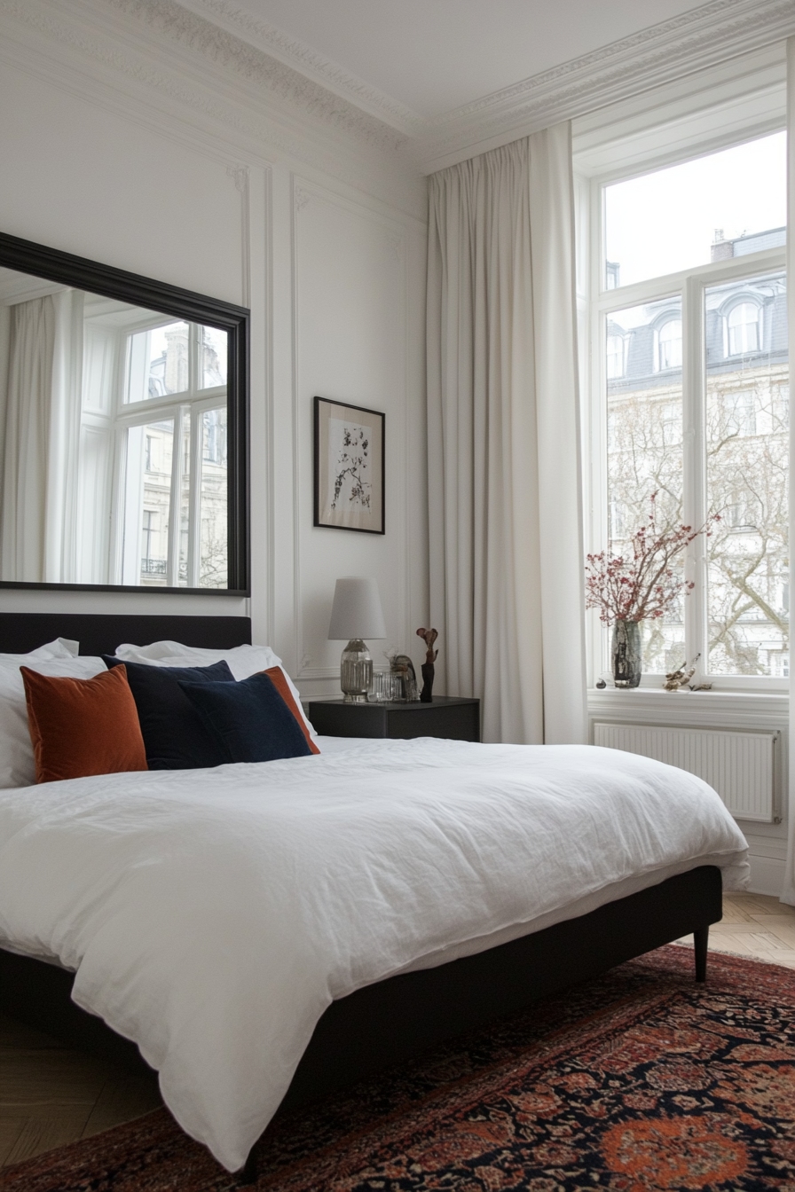 Mirrored dresser and nightstand in a black and white bedroom