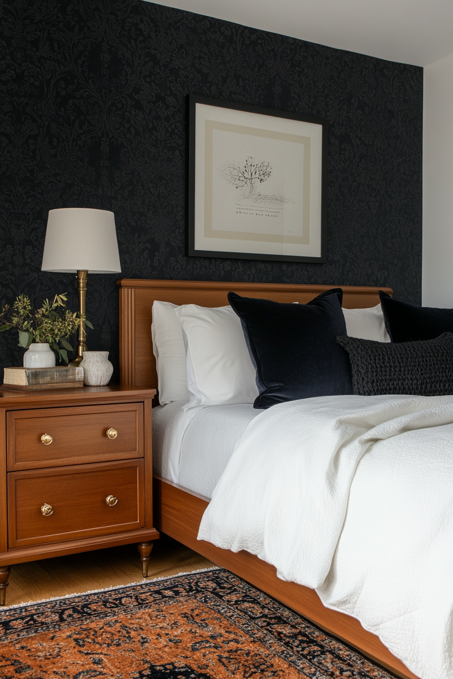 White bedding with black throw pillows in a black and white bedroom