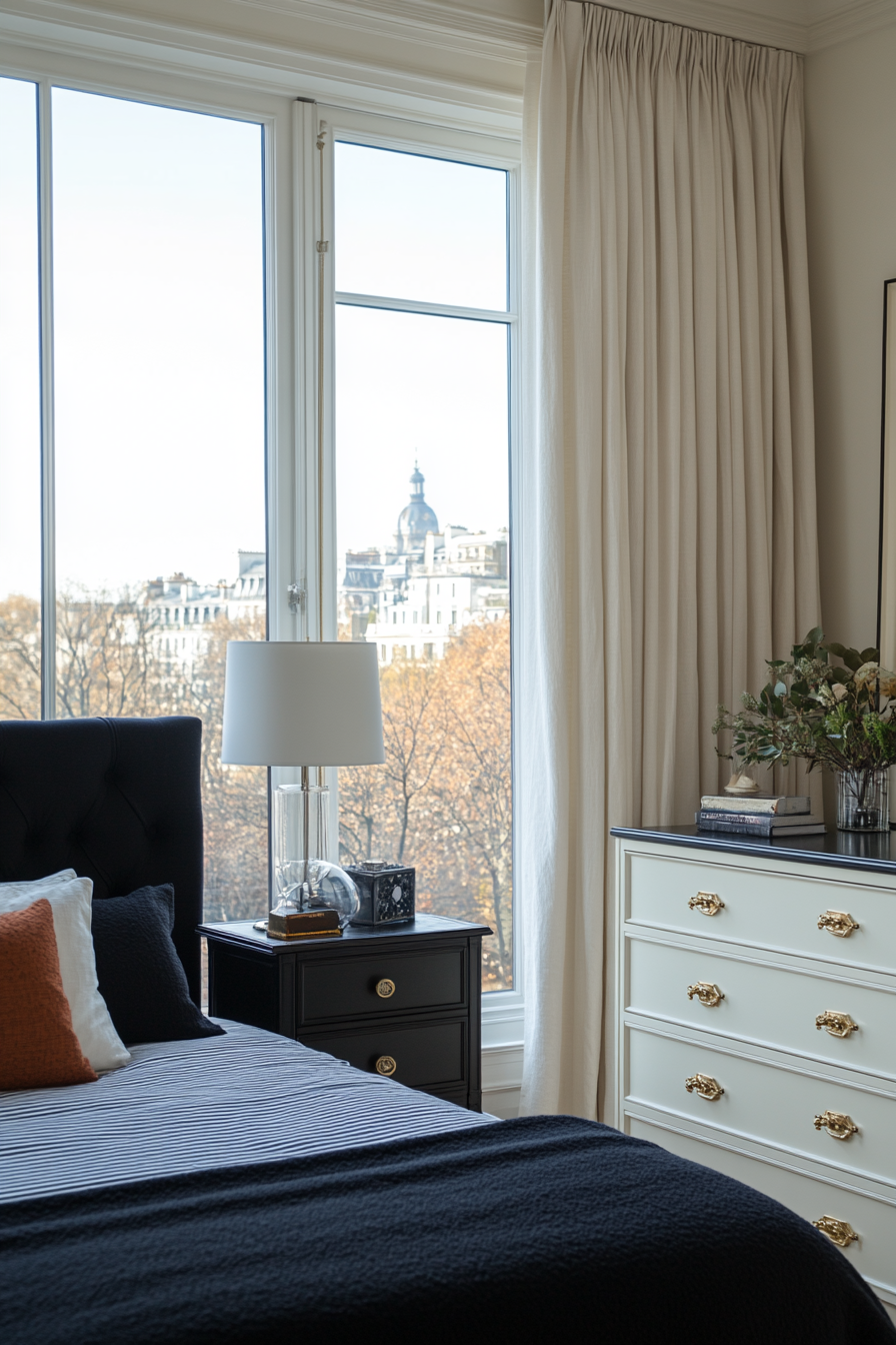 White walls and black furniture balanced with neutral elements