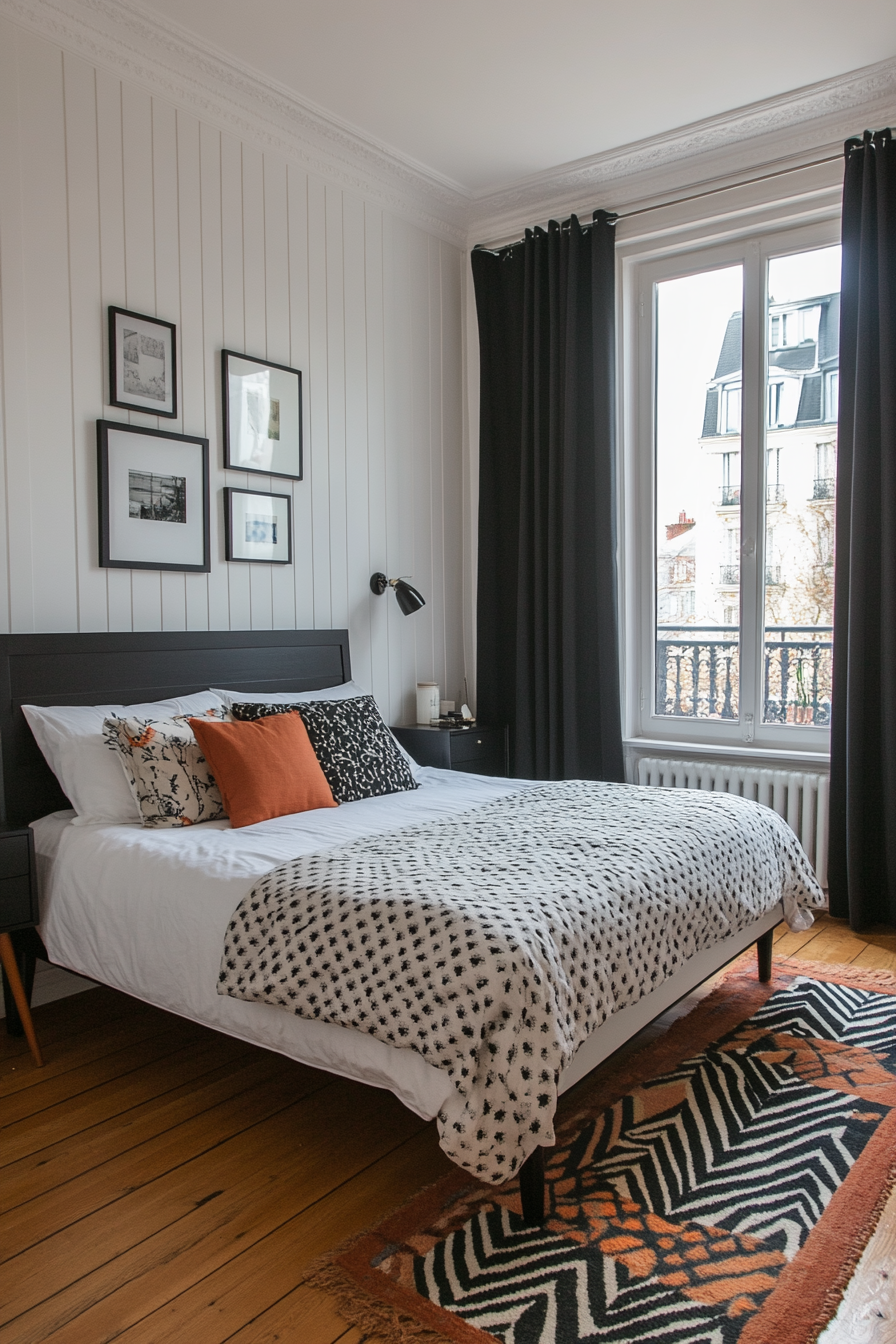 A chic black and white bedroom with striped wallpaper