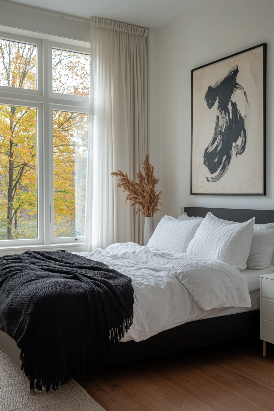 A minimalist black and white bedroom with a black platform bed