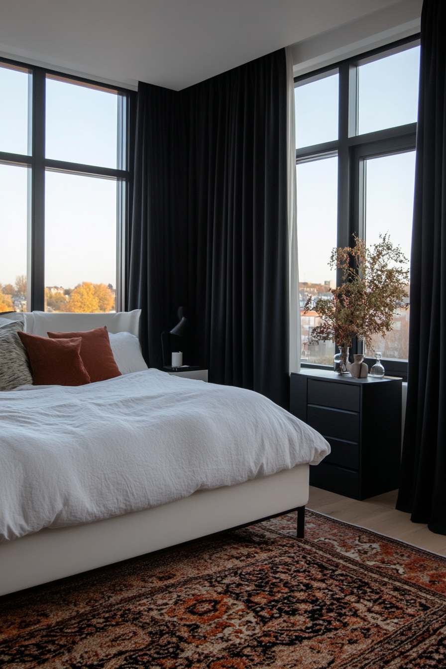 White bedding with minimalistic decor in a black and white bedroom