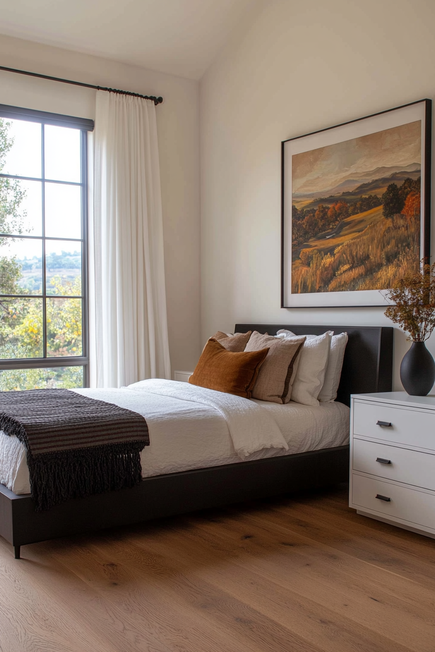 Built-in storage solutions in a minimalist black and white bedroom