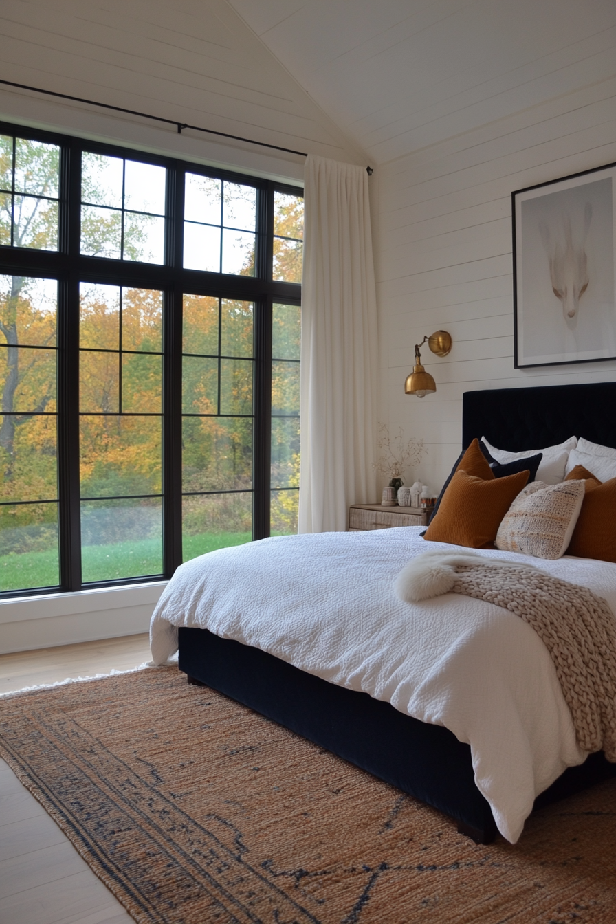 Black velvet headboard and white linen bedding