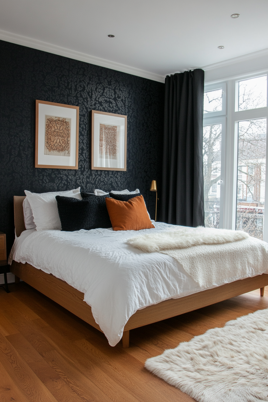 Layered textures in a black and white bedroom
