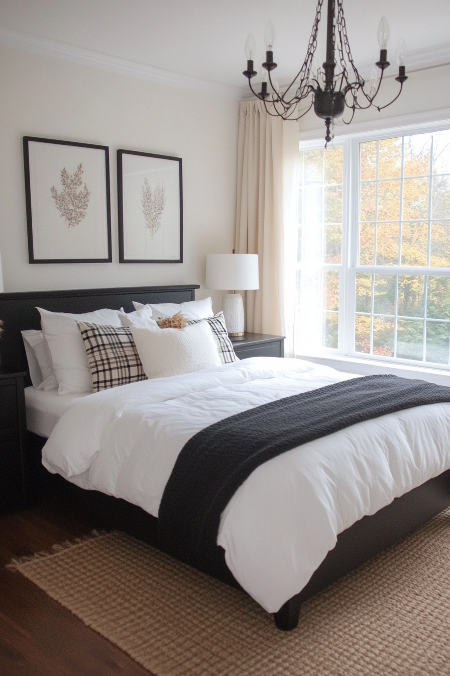 Statement chandelier above the bed in a black and white bedroom