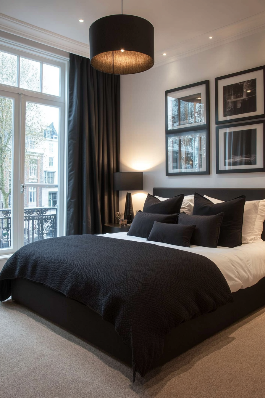 Dimmable bedside lamps in a black and white bedroom