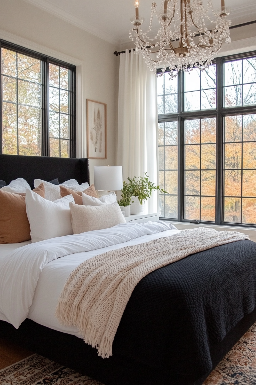 Natural light flooding a black and white bedroom