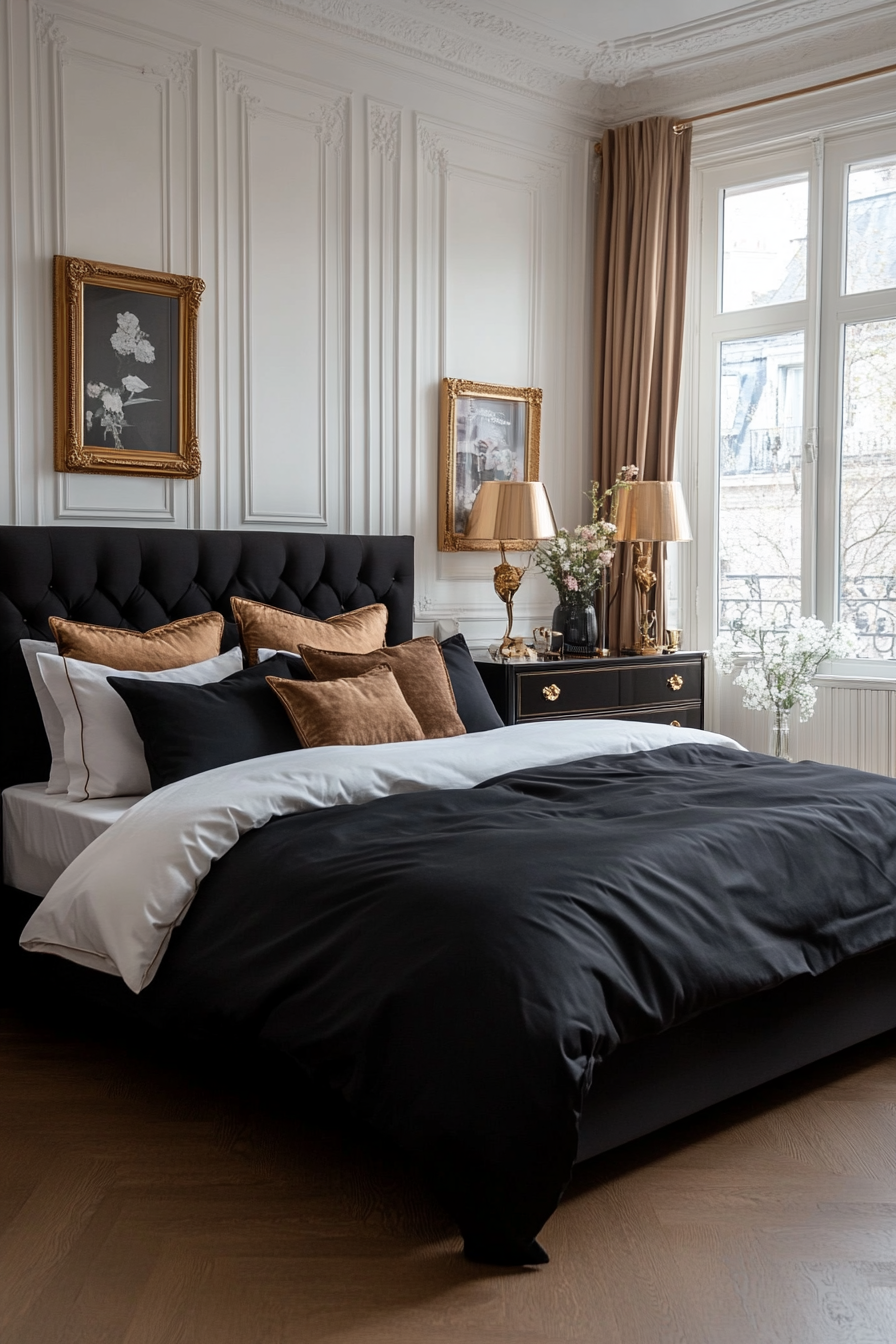 Black bed frame with gold accents in a black and white bedroom