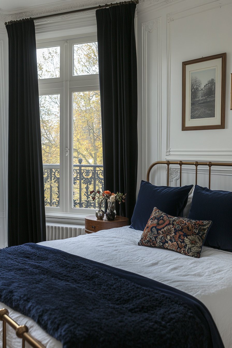 Brass bed frame with metallic throw pillows in a black and white bedroom