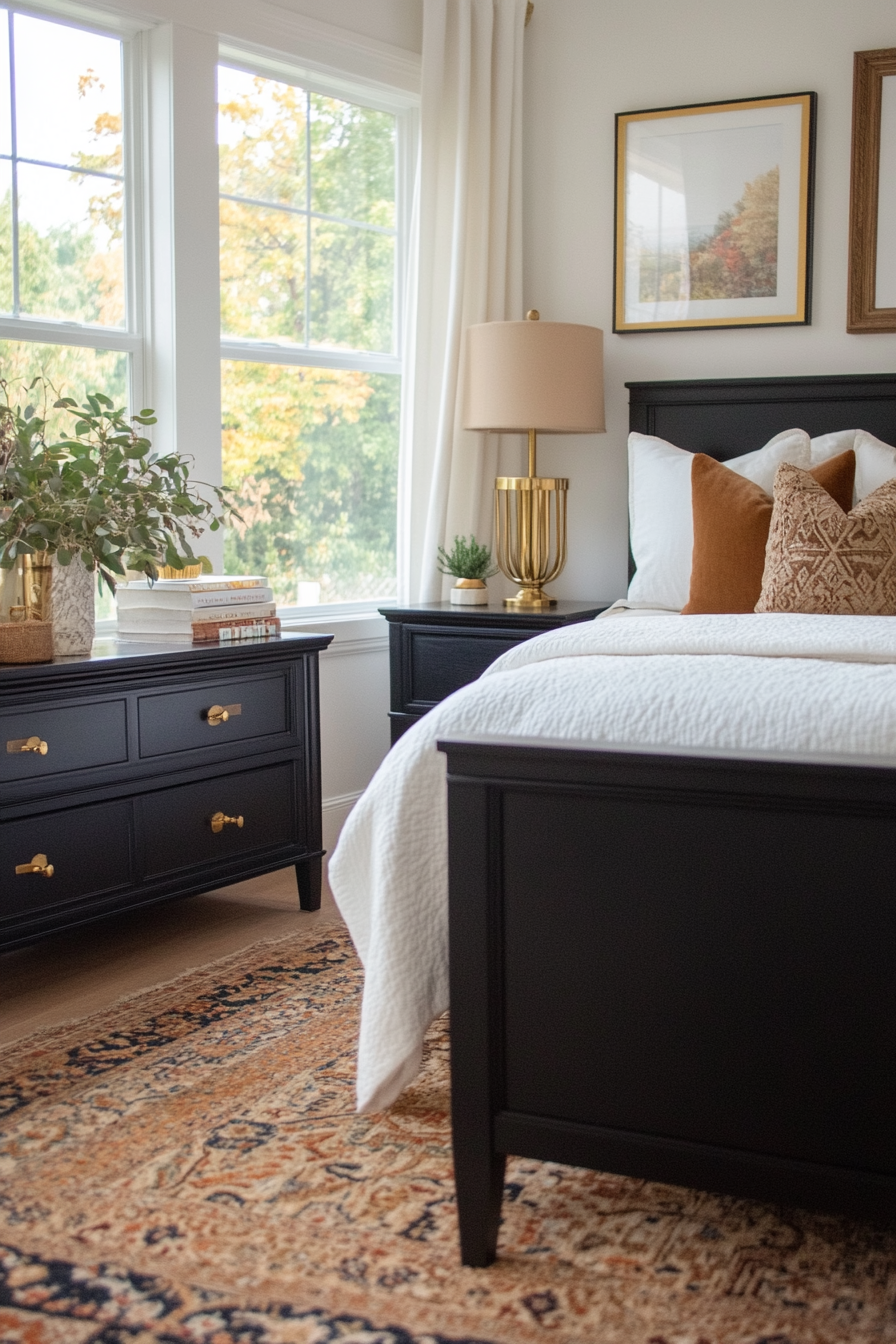 Balanced metallic accents in a black and white bedroom