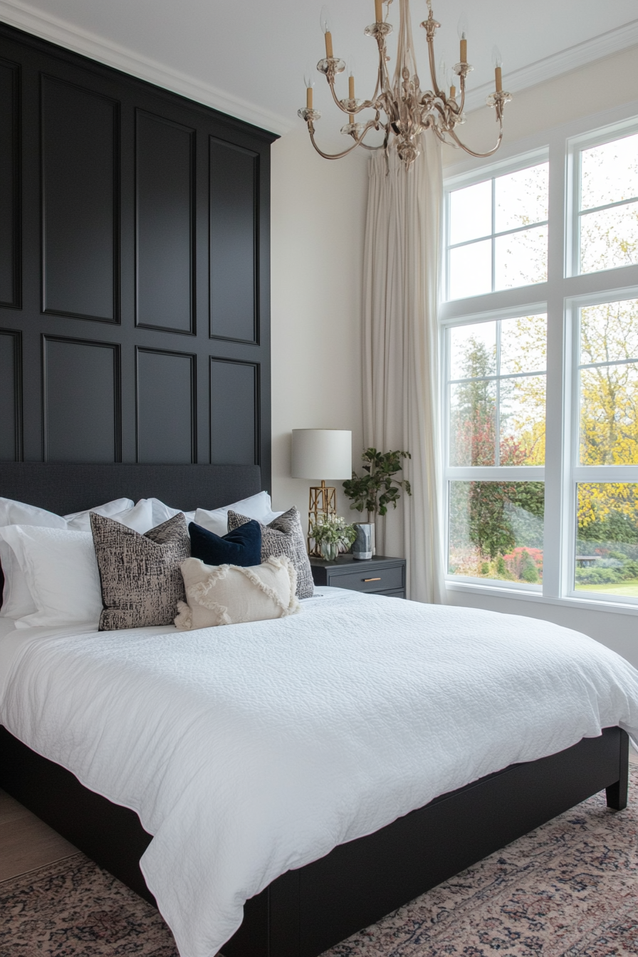Black accent wall in a black and white bedroom