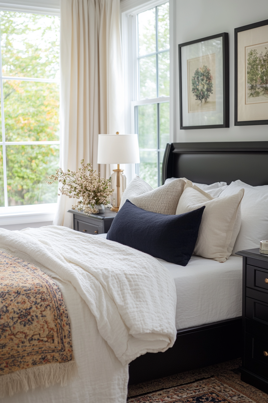 Black headboard and white walls in a black and white bedroom