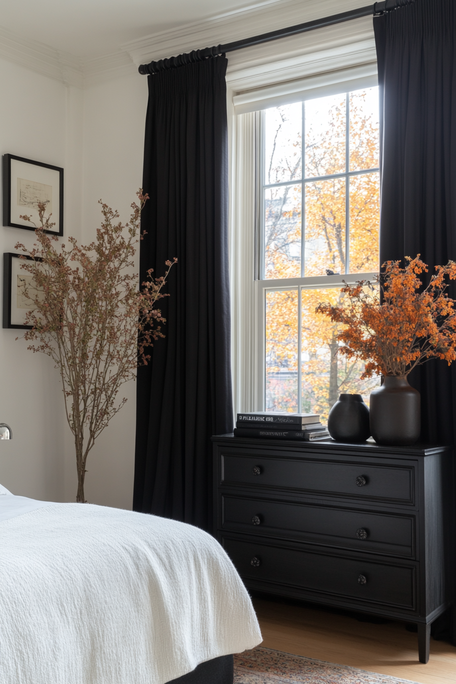 White walls and black accents in a black and white bedroom