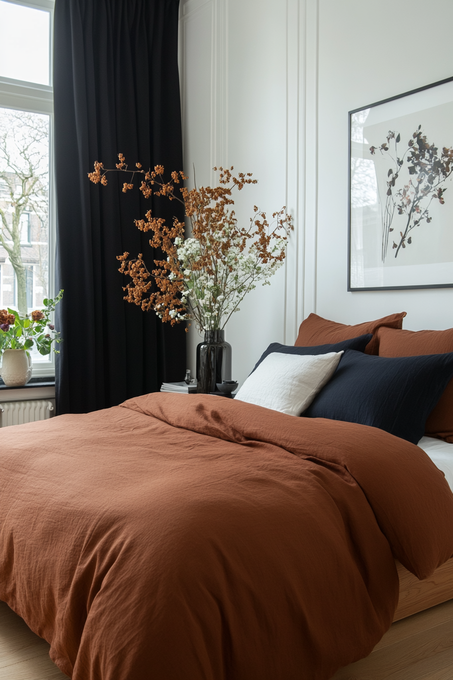 Potted plants and fresh flowers in a black and white bedroom