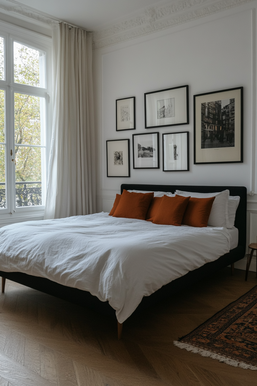 Gallery wall above the bed in a black and white bedroom