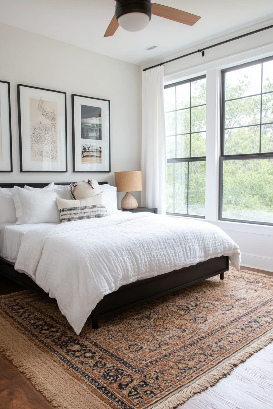 Gallery wall with varied artwork sizes in a black and white bedroom