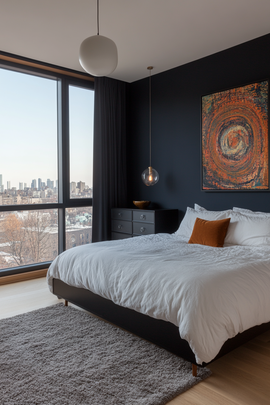 Black walls in a bedroom with white bedding and abstract art