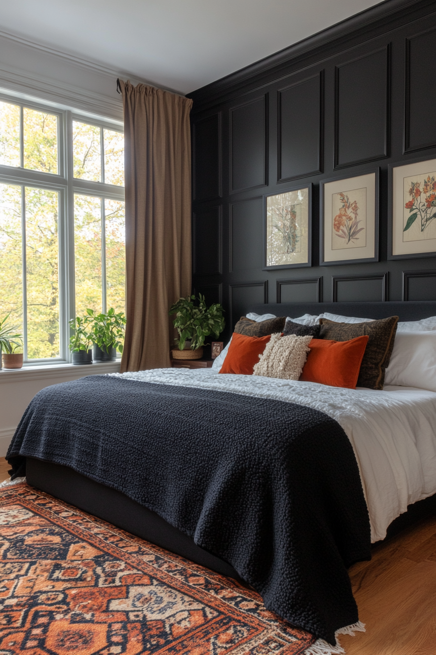 Black bedroom with black and white patterns