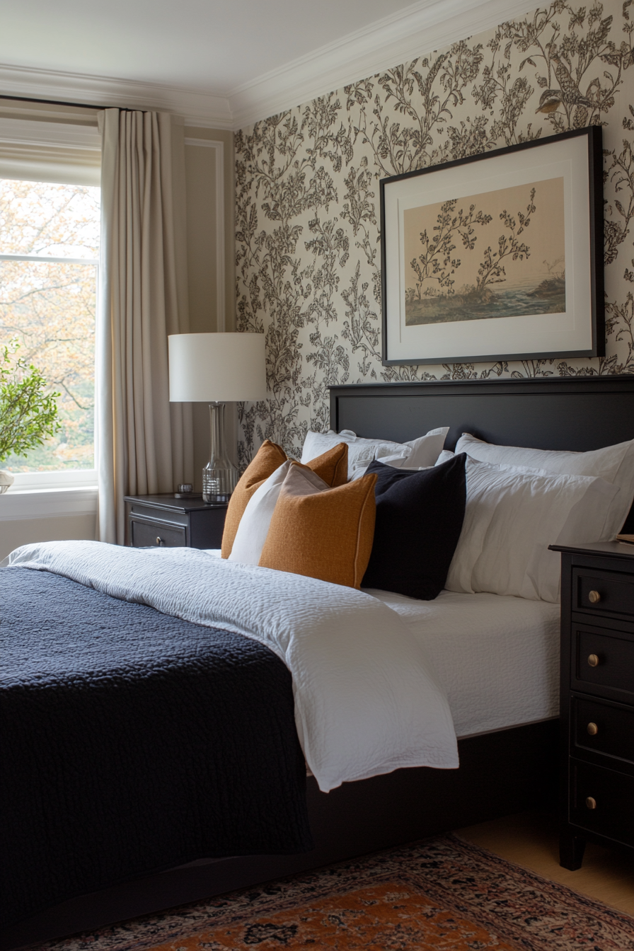Black bedroom with black and white patterns