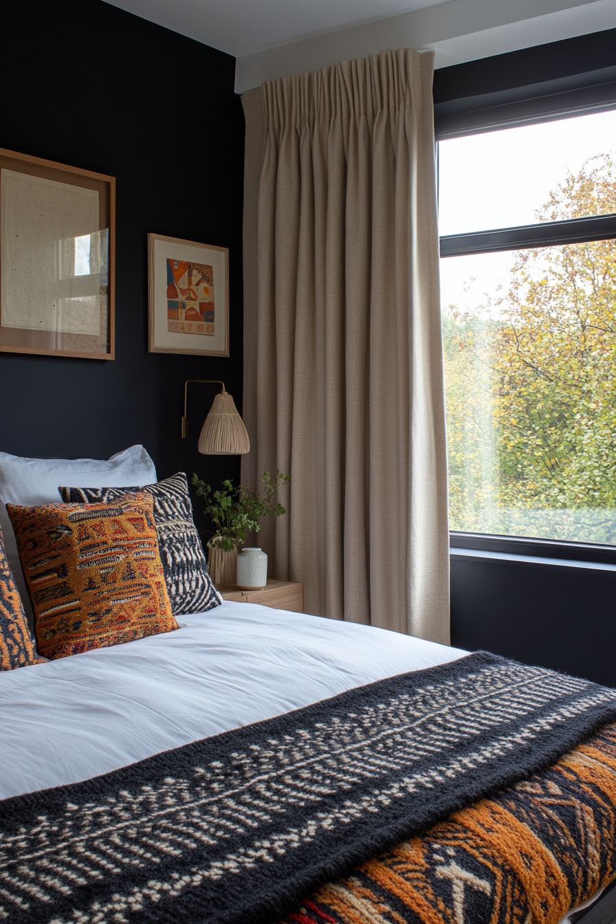 Black bedroom with black and white patterns