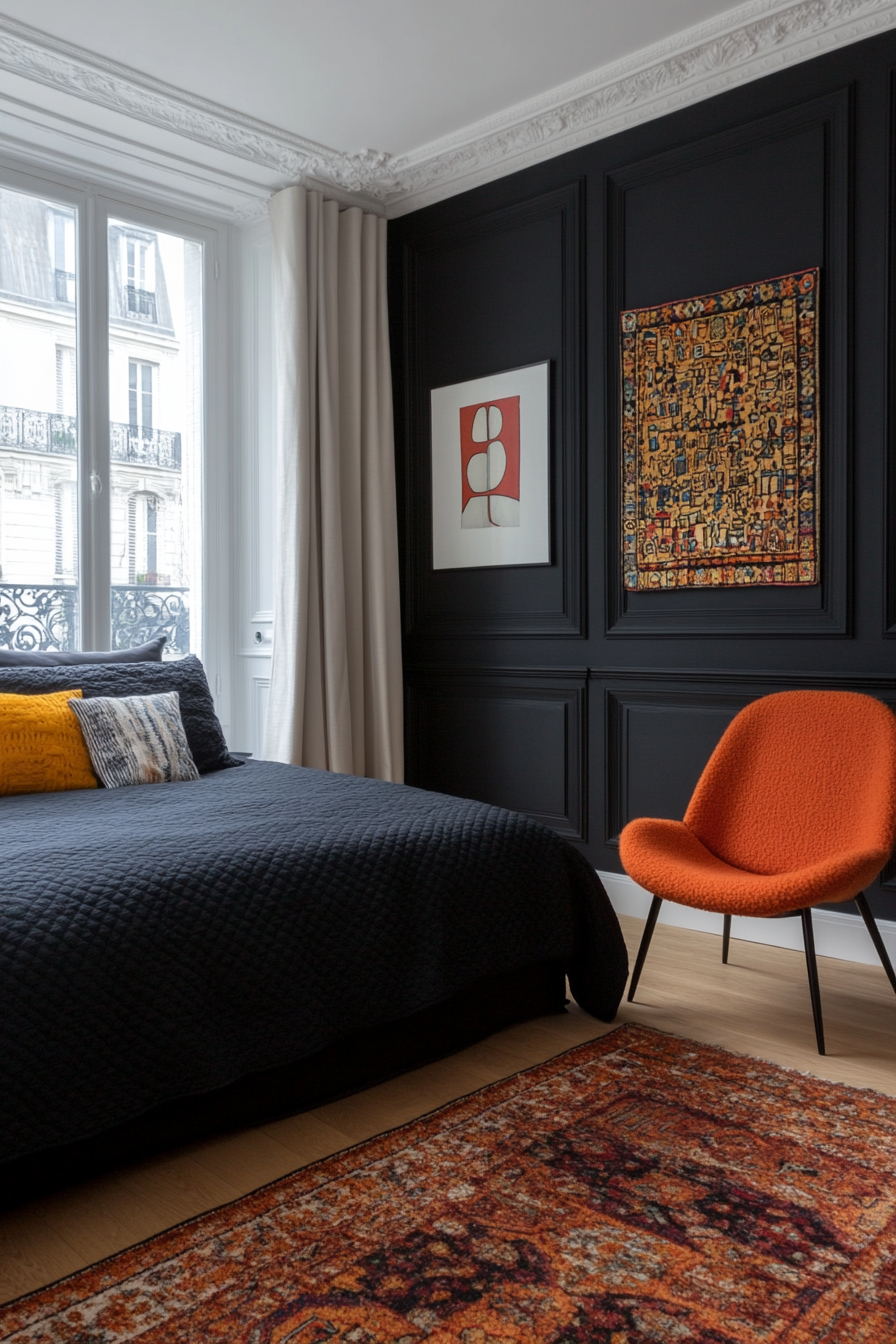 Black bedroom with a pop of color