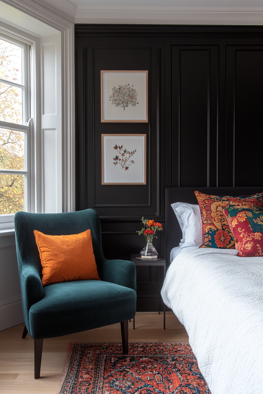 Black bedroom with a pop of color
