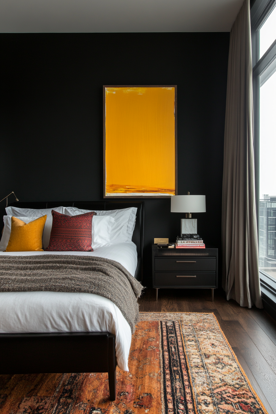 Black bedroom with a pop of color