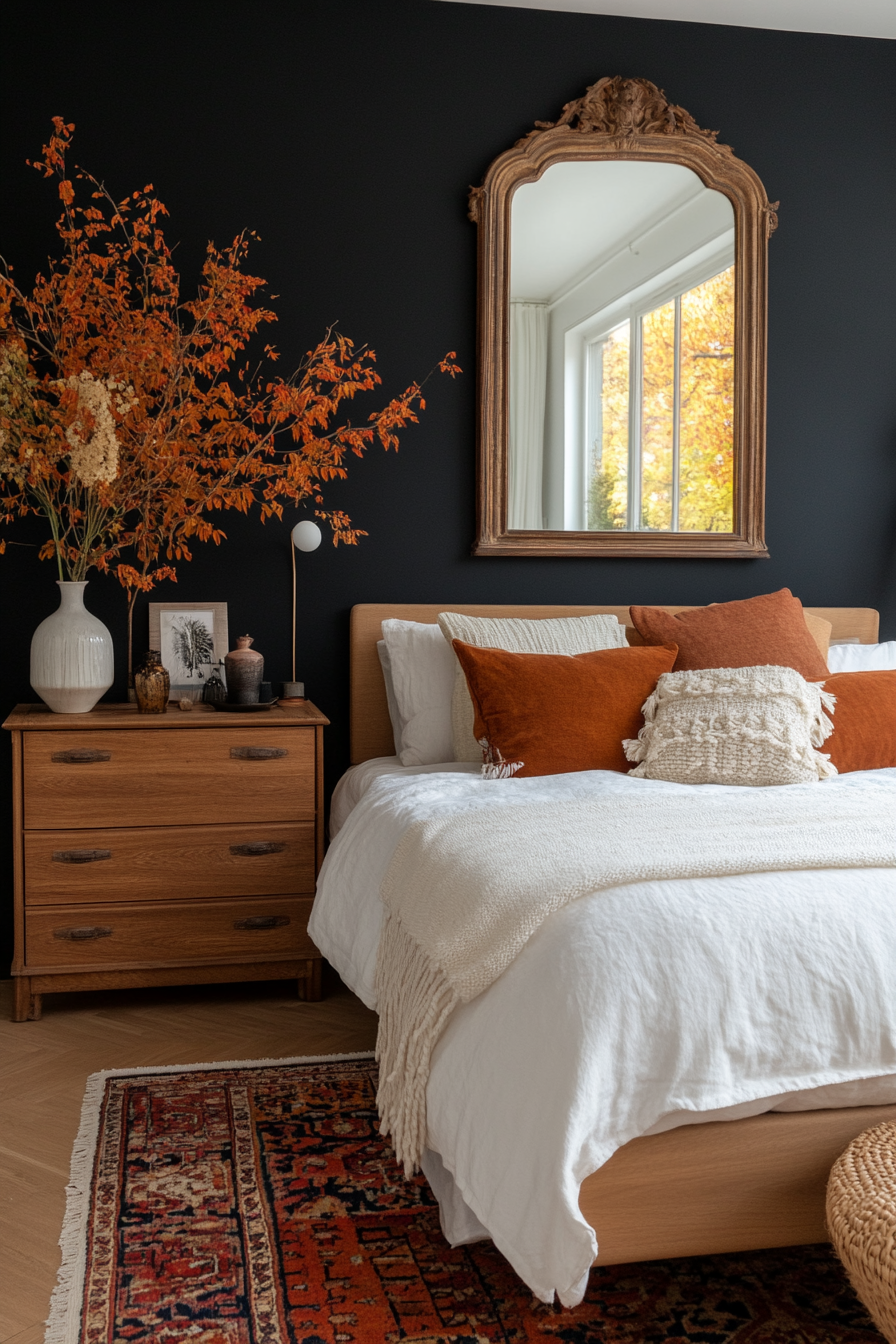 Black bedroom with a large mirror opposite a window