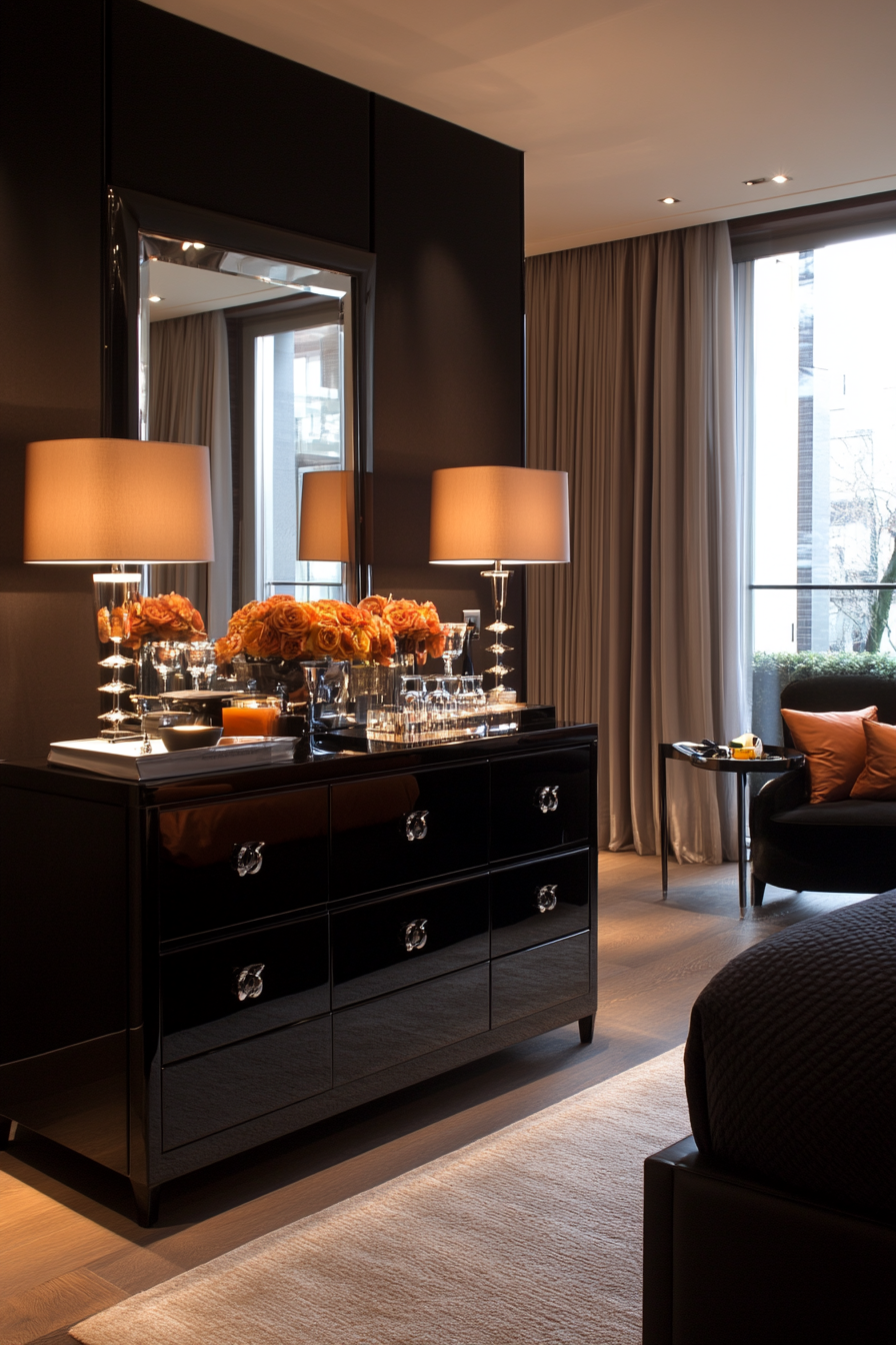 Black bedroom with a large mirror opposite a window