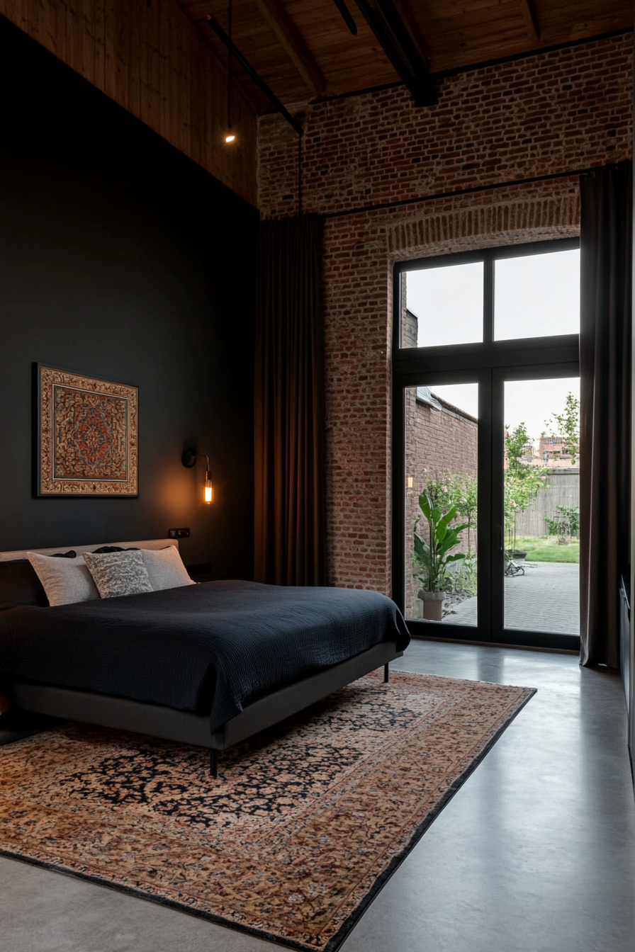 Black bedroom with industrial elements like exposed brick and metal bed frame