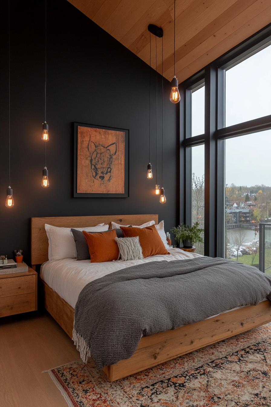 Black bedroom with industrial elements like exposed brick and metal bed frame