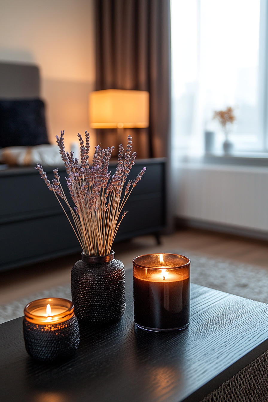 Black bedroom with subtle scents from candles and diffusers