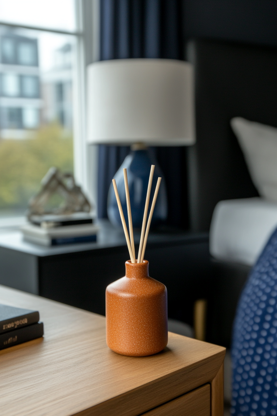 Black bedroom with subtle scents from candles and diffusers