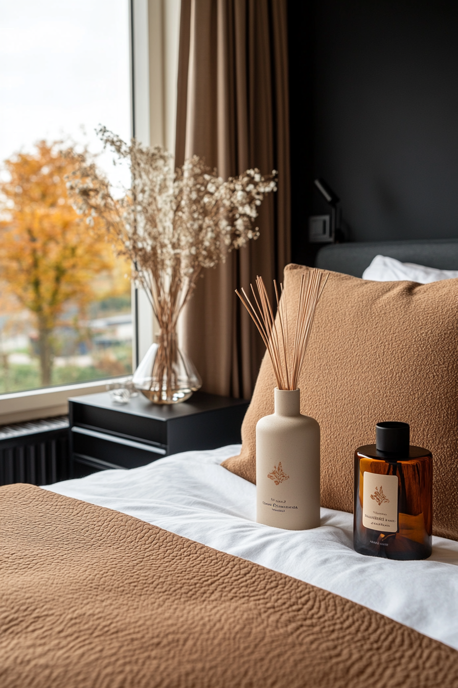 Black bedroom with subtle scents from candles and diffusers