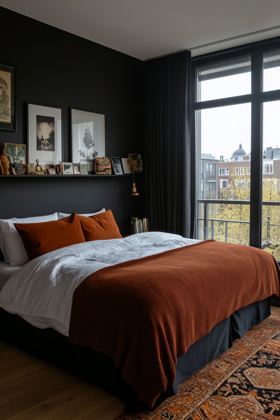 Black bedroom with unique decor items