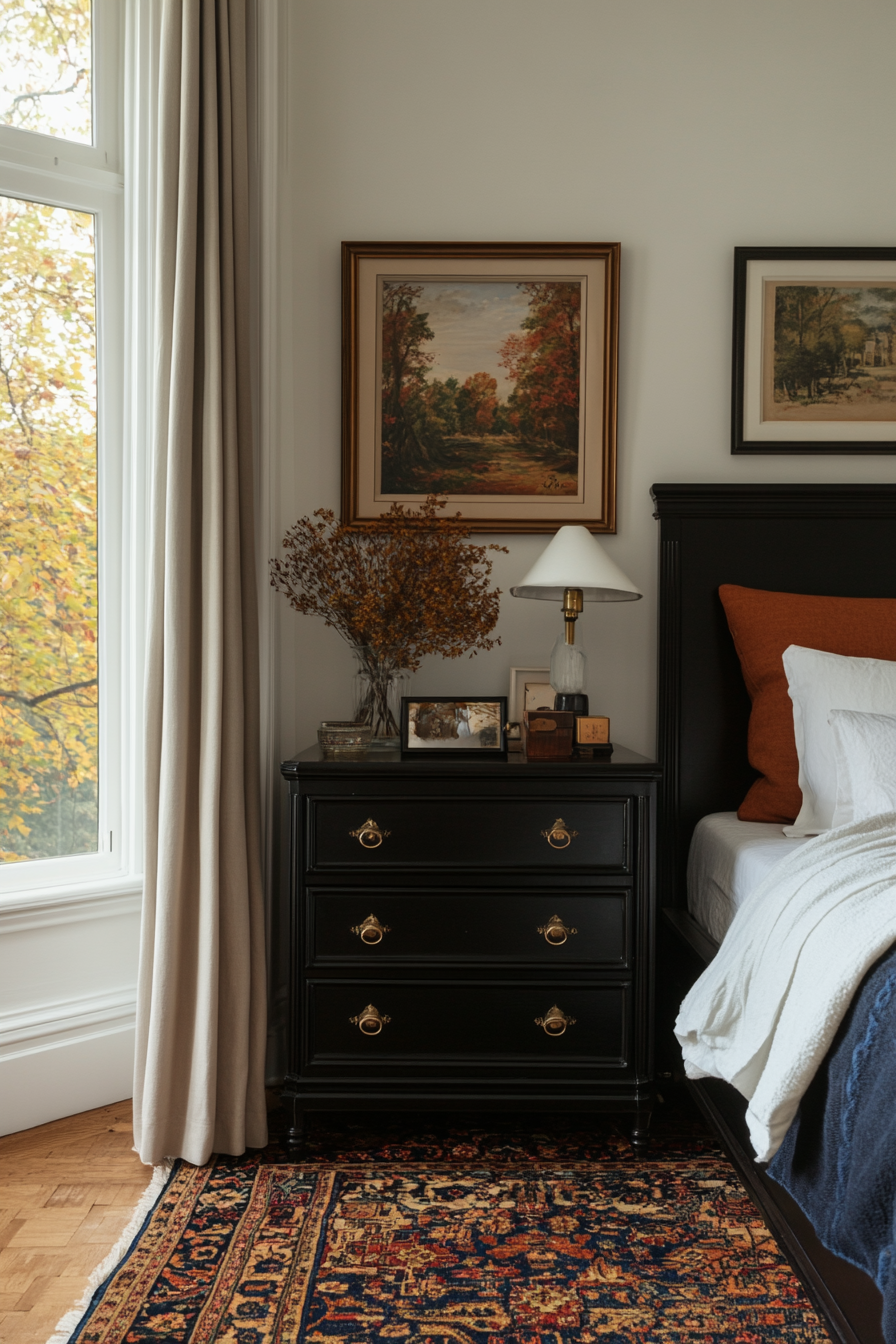 Black bedroom with unique decor items
