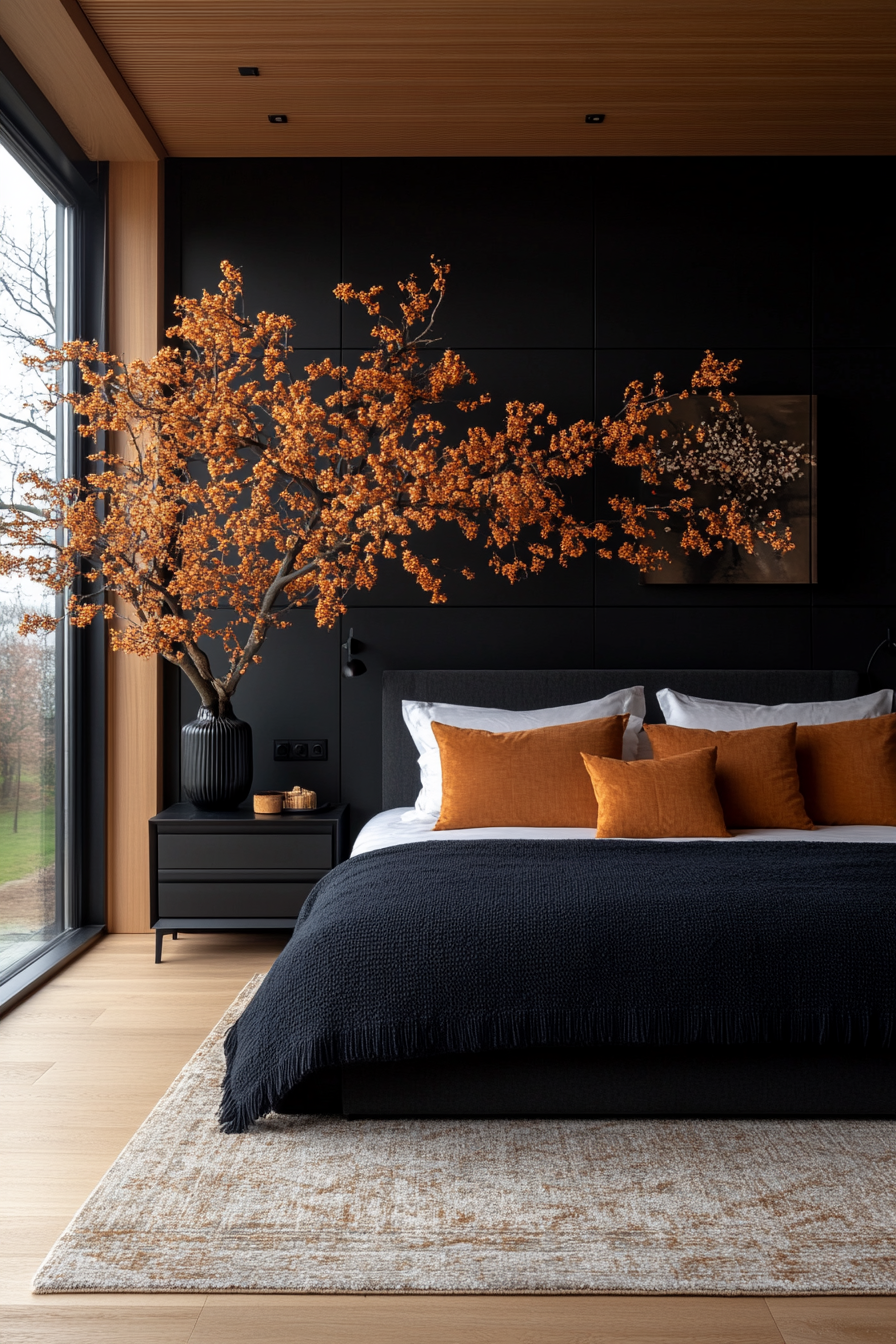 Black bedroom with unique decor items