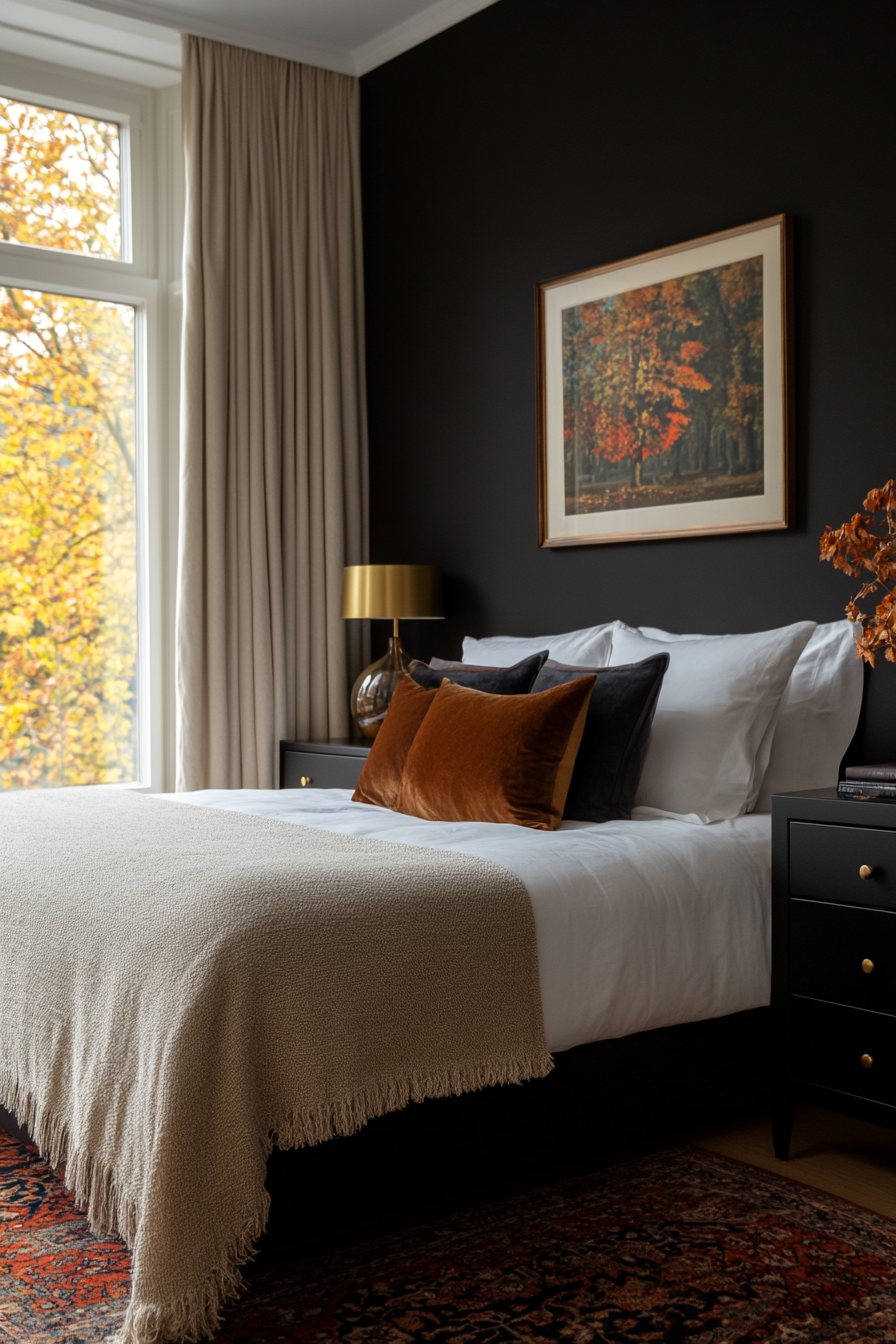 Black walls in a bedroom with white bedding and abstract art