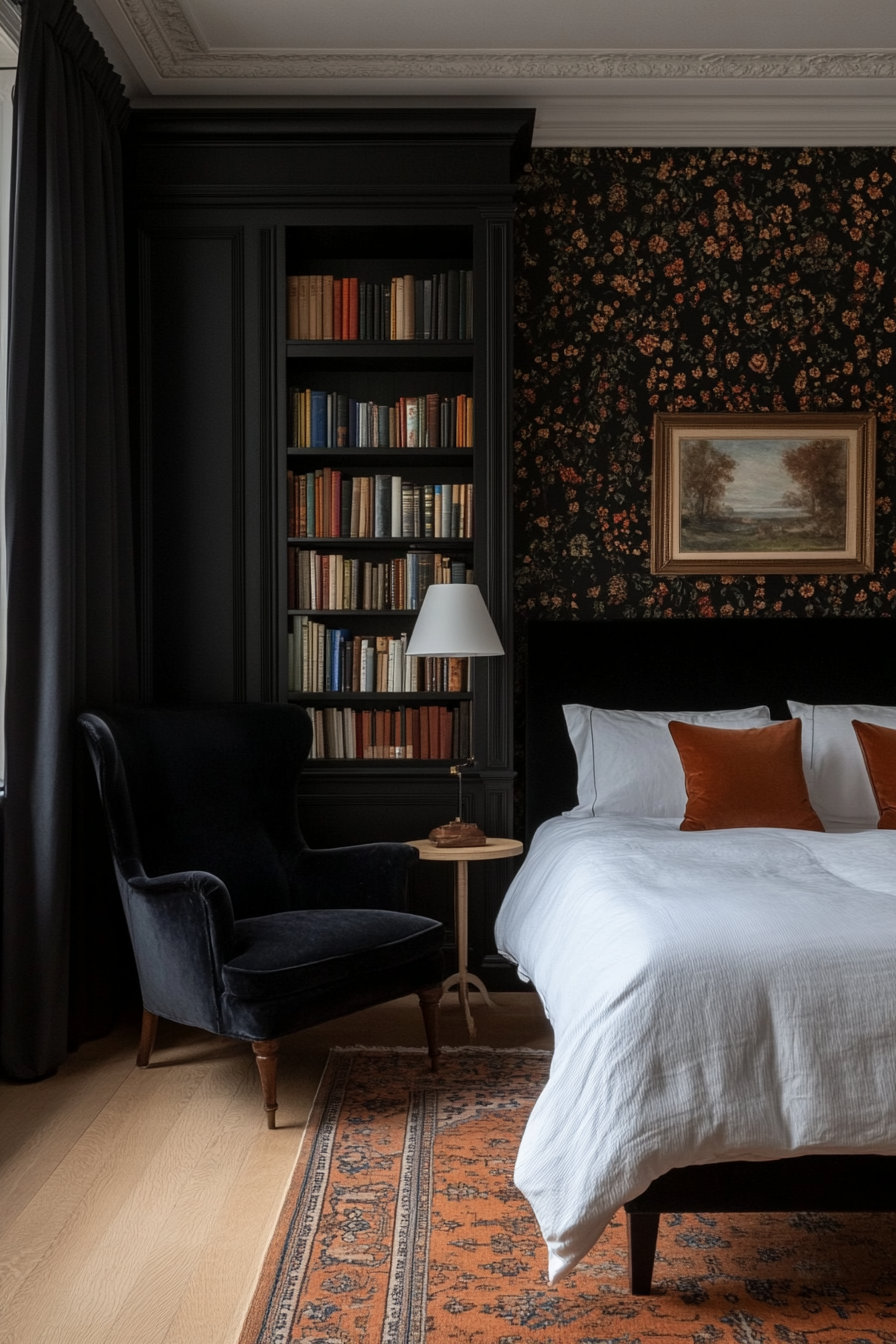 Black walls in a bedroom with white bedding and abstract art
