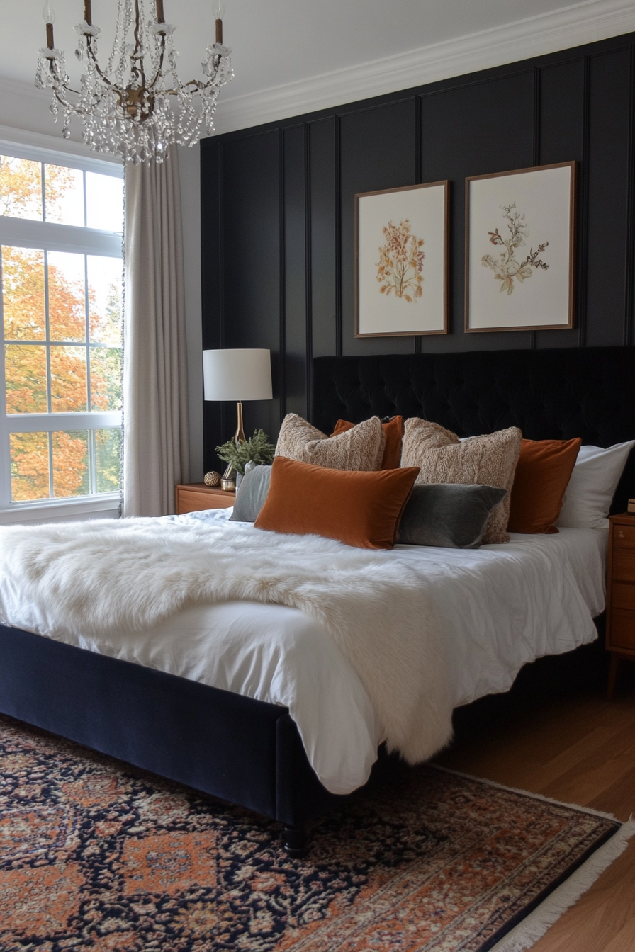 Black bedroom with luxurious velvet, silk, and faux fur textiles